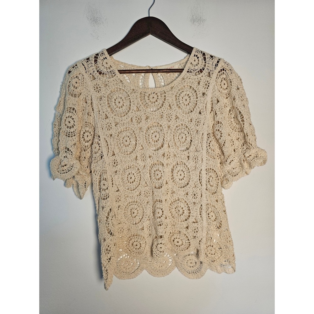 Boho Cottagecore Solitaire Crochet Lace  Womens Medium Cream Puff Sleeve Blouse